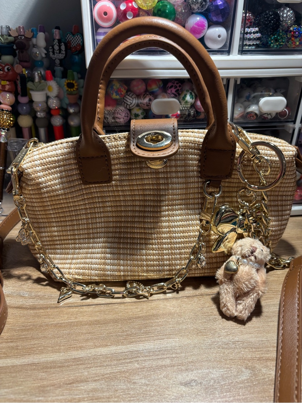 Madden Girl Natural Straw Shoulder Bag with Brown Trim and Gold Hardware